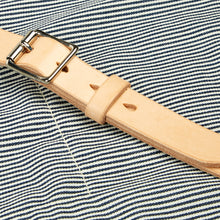 Load image into Gallery viewer, Jack 02 Navy Yarn Dyed Railroad Stripe Cotton & British Leather Apron