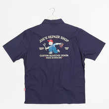 Load image into Gallery viewer, Joe&#39;s Repairs 2 Embroidered Garage Short Sleeve Navy Cotton Poplin Shirt
