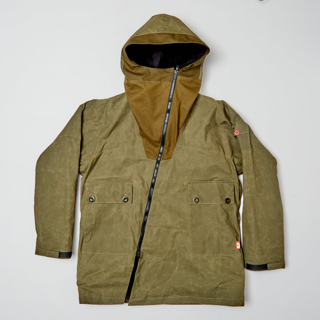 ASYEMMETRIC 2 OLIVE & BISCUIT DRY WAX COAT