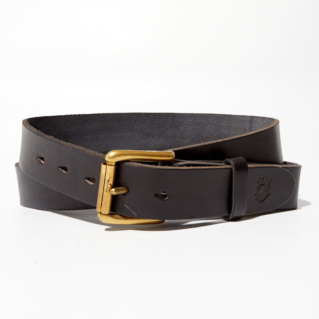 Philby 02 British veg tanned black leather and brass belt